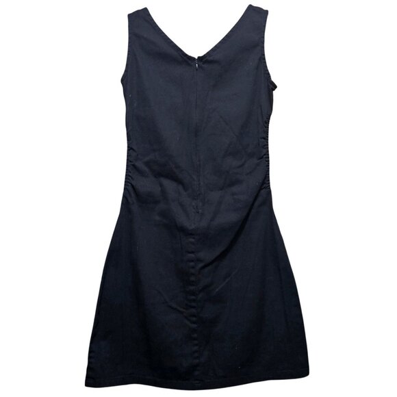 Black Sleeveless V-Neck Sheath Dress With Ruched Front Design & Back Zip Closure - Picture 2 of 9